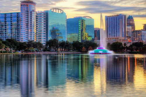 Skyline of Orlando, Florida from lake Eola.