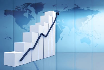 business statistics in blue - white chart with a blue arrow going up